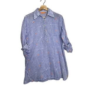 Oliphant Blue White Geometric Cotton Popover Tunic Top Roll Tab Sleeve Medium